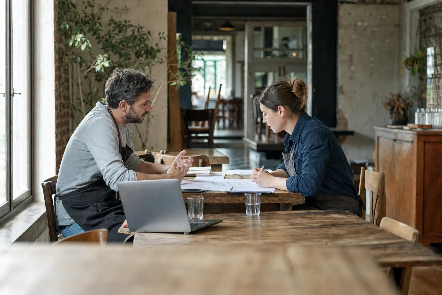 Two hospitality operators reviewing documents together at a wooden table in an empty restaurant