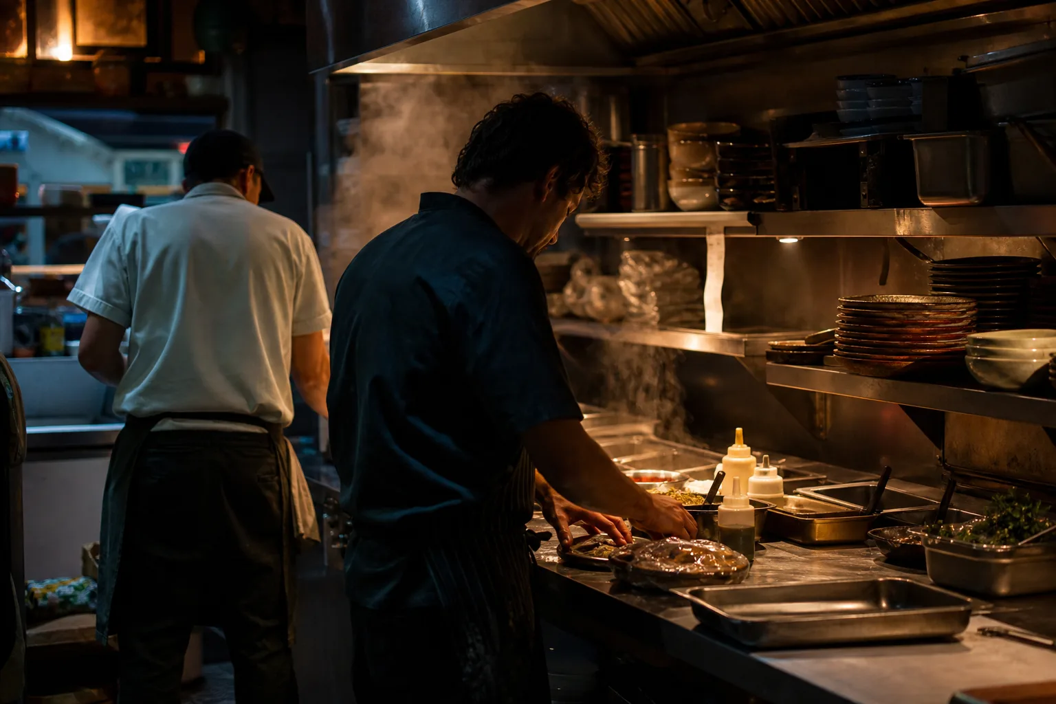 Two cooks working a kitchen line during pre-service prep