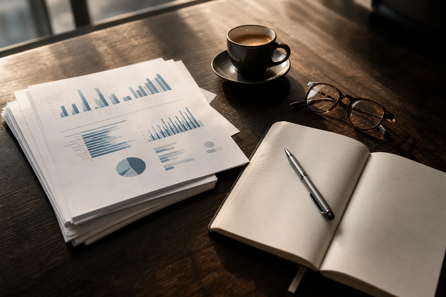 Printed operating reports, an open notebook, and an espresso on a dark wooden table